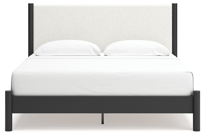 Cadmori King Upholstered Panel Bed with Mirrored Dresser, Chest and Nightstand