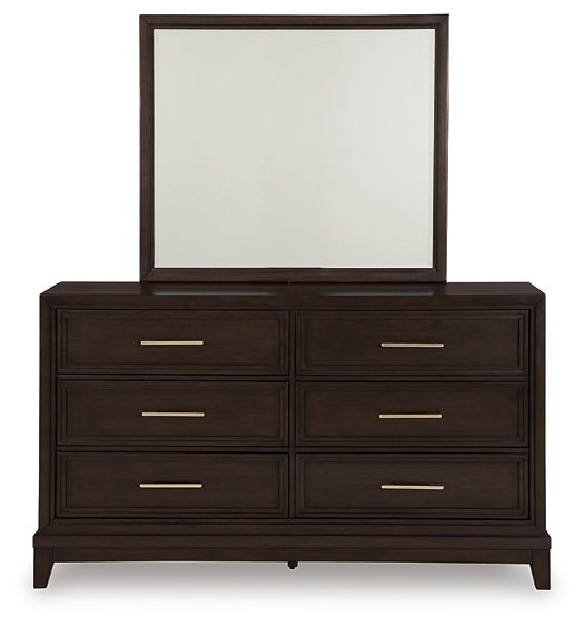 Neymorton King Upholstered Panel Bed with Mirrored Dresser and Chest