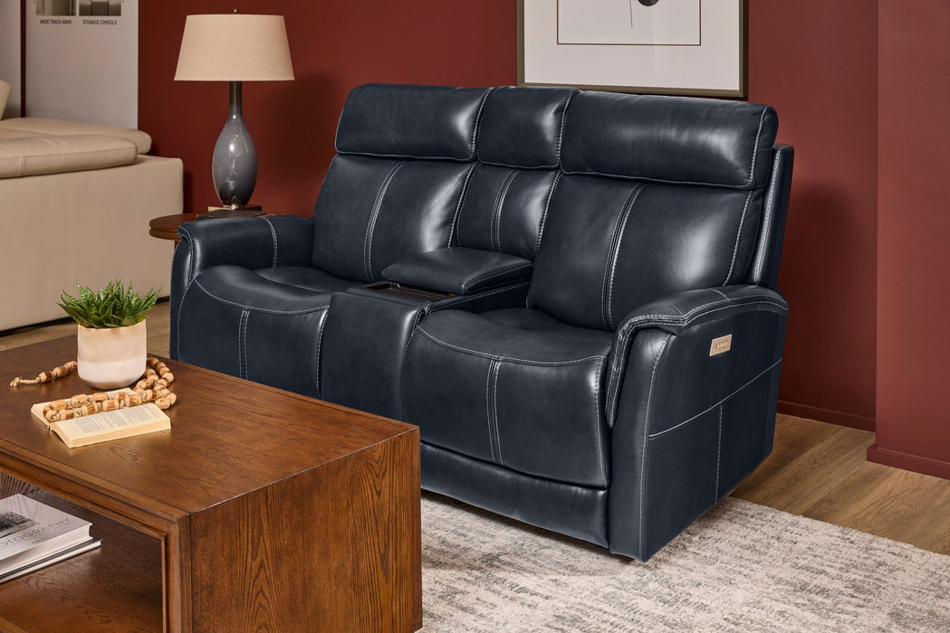 View Leather Power Reclining Loveseat with Console, Power Headrests & Lumbar