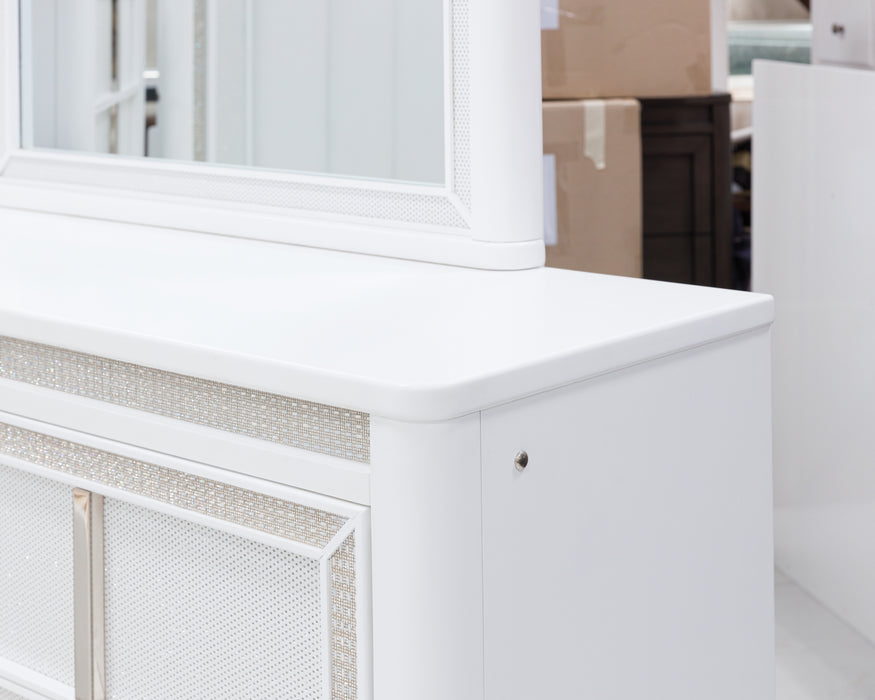 Chalanna California King Upholstered Storage Bed with Mirrored Dresser, Chest and Nightstand