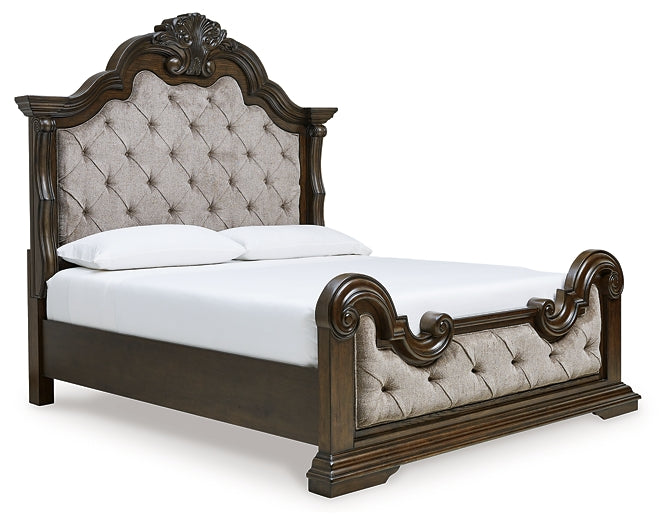 Maylee California King Upholstered Bed with Mirrored Dresser, Chest and Nightstand