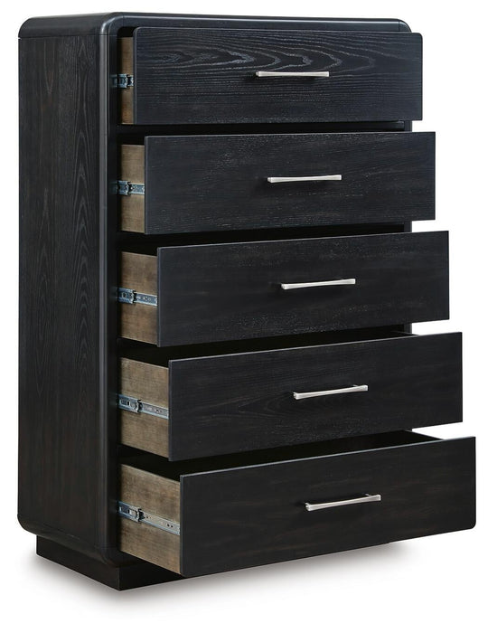 Rowanbeck California King Upholstered Panel Bed, Dresser, Mirror, Chest and Nightstand