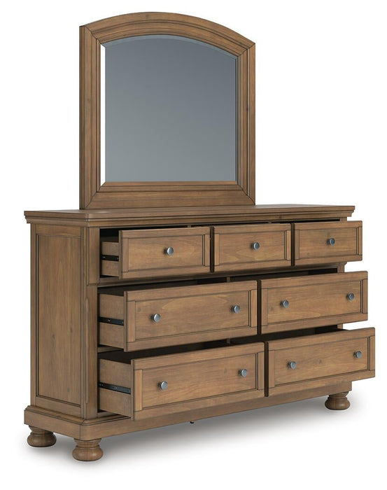 Feddinger Queen Storage Sleigh Bed with Mirrored Dresser and Nightstand