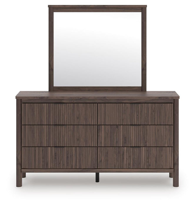 Pamytta Twin Upholstered Panel Platform Bed, Dresser, Mirror and Nightstand