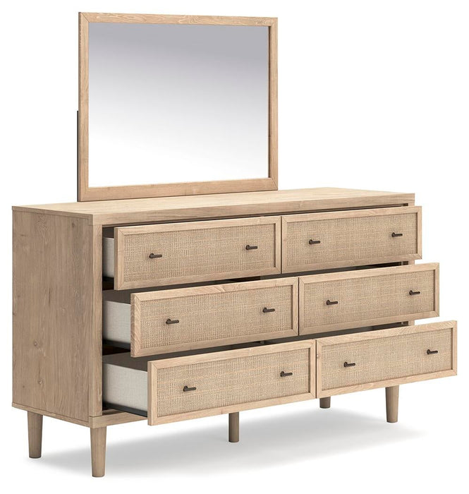 Cielden King Upholstered Bed with Roll Slats, Dresser and Mirror