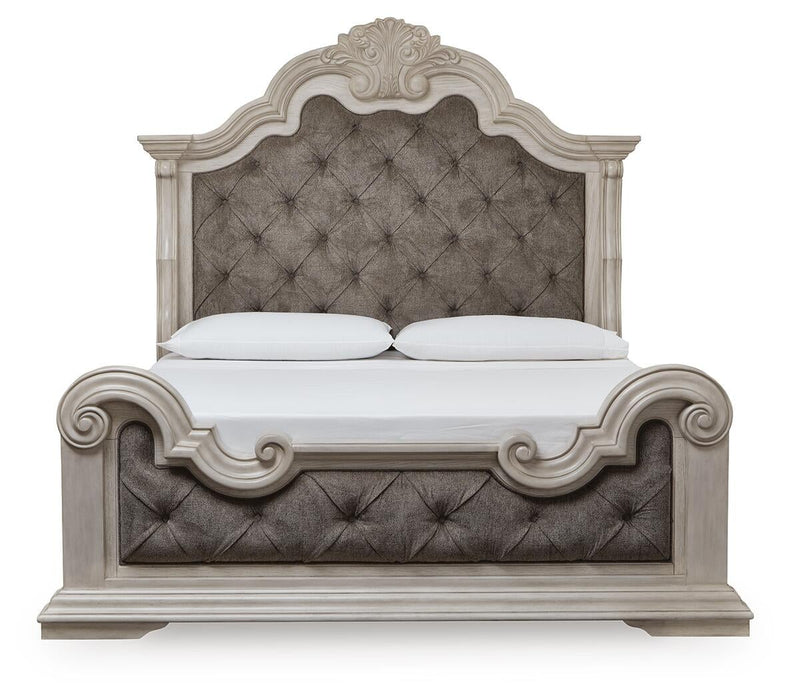 Bruchandi California King Upholstered Panel Bed with Mirrored Dresser and Nightstand