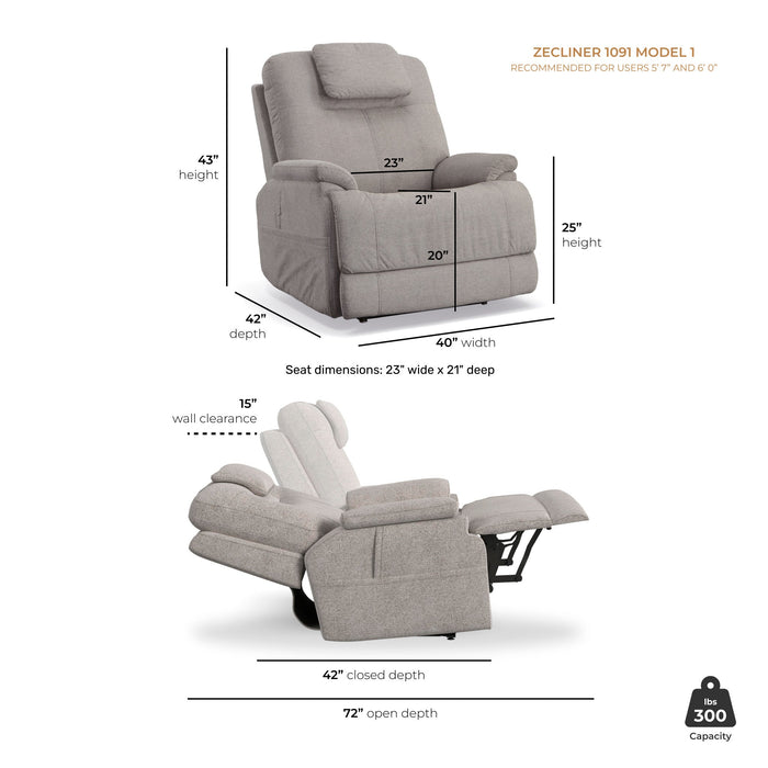Zecliner Model 1 Dove Fabric Power Lift Sleep Recliner with Power Headrest & Lumbar