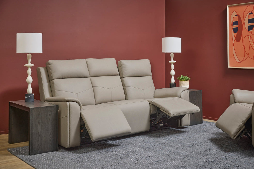 Vernon Dove Grey Vinyl Power Reclining Sofa with Console, Power Headrest, Lumbar, Heat & Massage