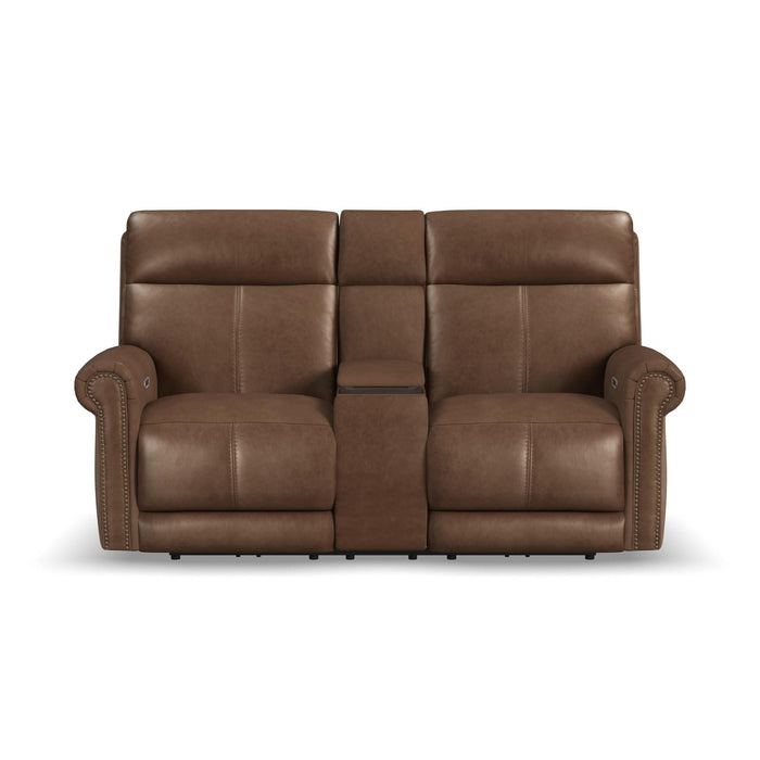Alexander Tawny Leather Power Reclining Loveseat with Console, Power Headrest & Lumbar