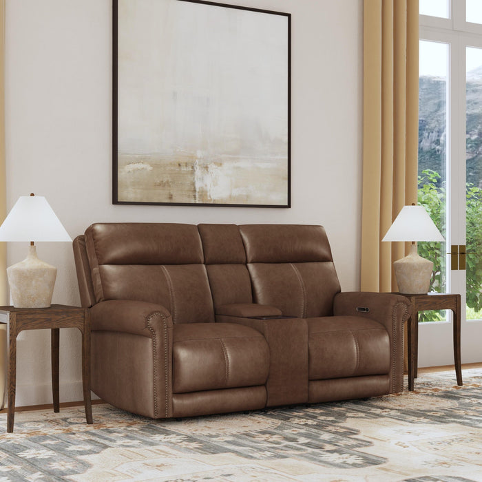 Alexander Tawny Leather Power Reclining Loveseat with Console, Power Headrest & Lumbar