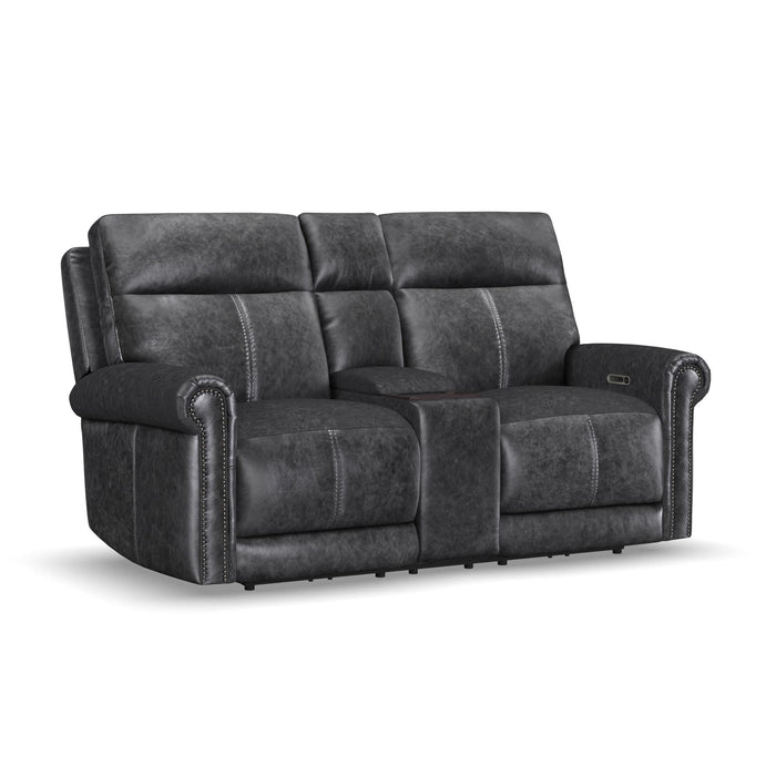 Alexander Weathered Stone Leather Power Reclining Loveseat with Console, Power Headrest & Lumbar
