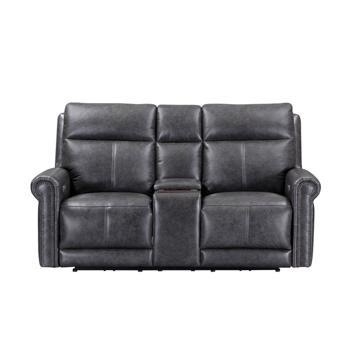 Alexander Weathered Stone Leather Power Reclining Loveseat with Console, Power Headrest & Lumbar