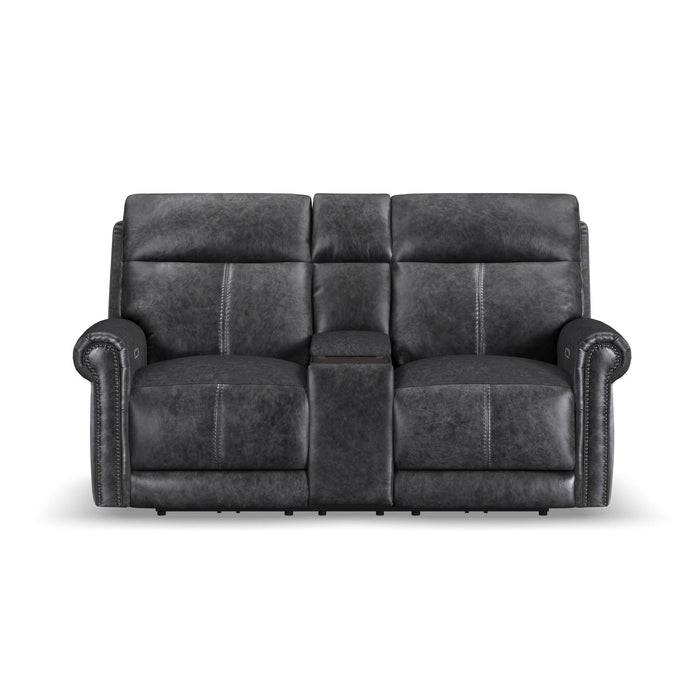 Alexander Weathered Stone Leather Power Reclining Loveseat with Console, Power Headrest & Lumbar
