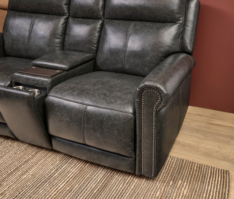 Alexander Weathered Stone Leather Power Reclining Loveseat with Console, Power Headrest & Lumbar