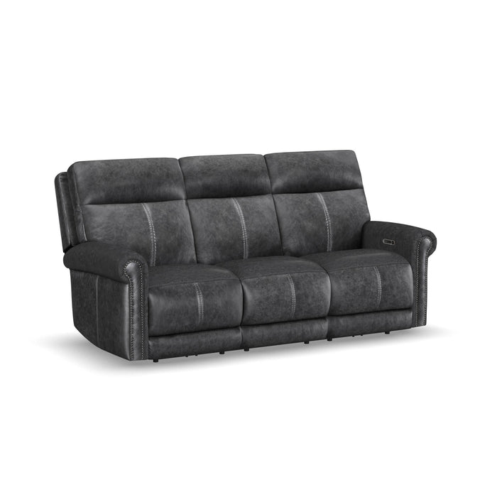 Alexander Weathered Stone Leather Power Reclining Sofa with Console, Power Headrest & Lumbar