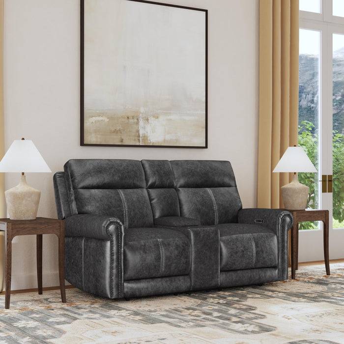 Alexander Weathered Stone Leather Power Reclining Loveseat with Console, Power Headrest & Lumbar