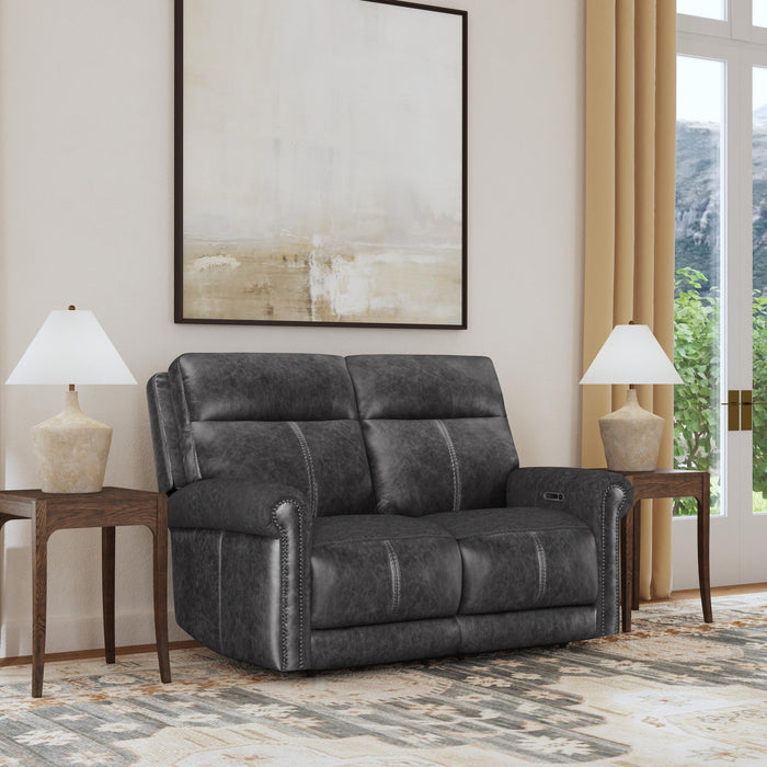Alexander Weathered Stone Leather Power Reclining Loveseat with Power Headrest & Lumbar