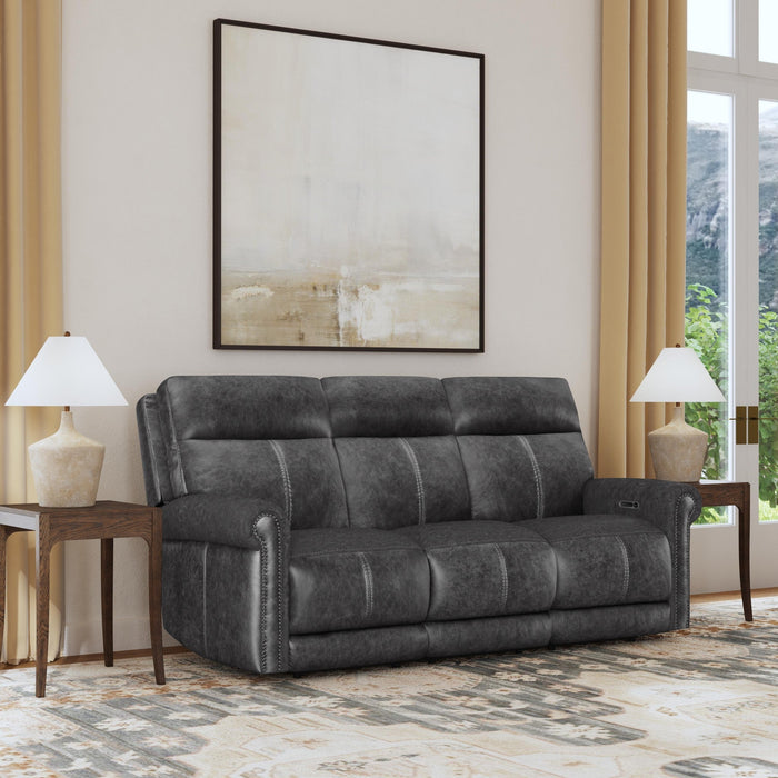 Alexander Weathered Stone Leather Power Reclining Sofa with Console, Power Headrest & Lumbar