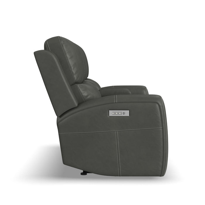 Linden Charcoal Leather Power Reclining Loveseat with Console & Power Headrests & Lumbar