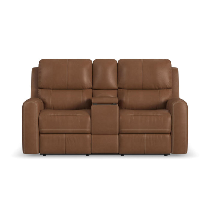 Linden Caramel Leather Power Reclining Loveseat with Console & Power Headrests & Lumbar