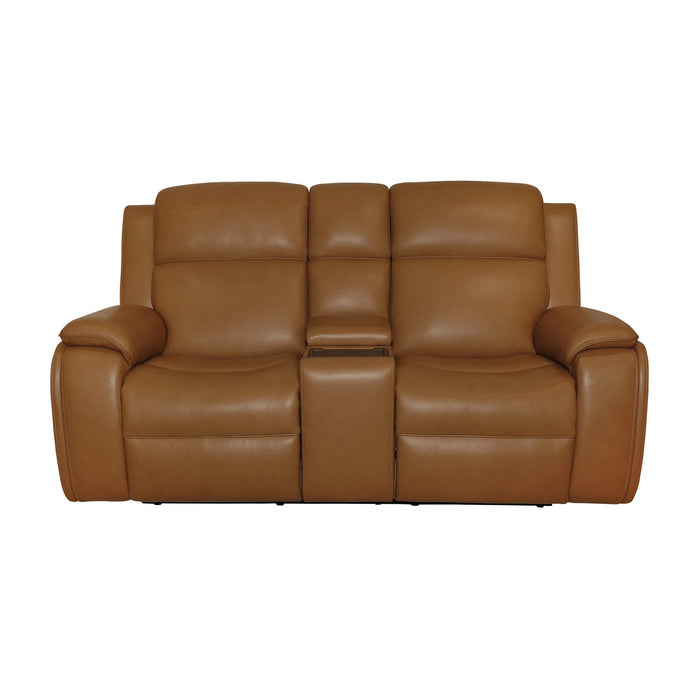 Ziggy Camel Leather Power Reclining Loveseat with Console, Power Headrest, Lumbar, Heat & Massage