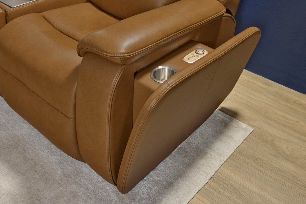 Ziggy Camel Leather Power Reclining Loveseat with Console, Power Headrest, Lumbar, Heat & Massage