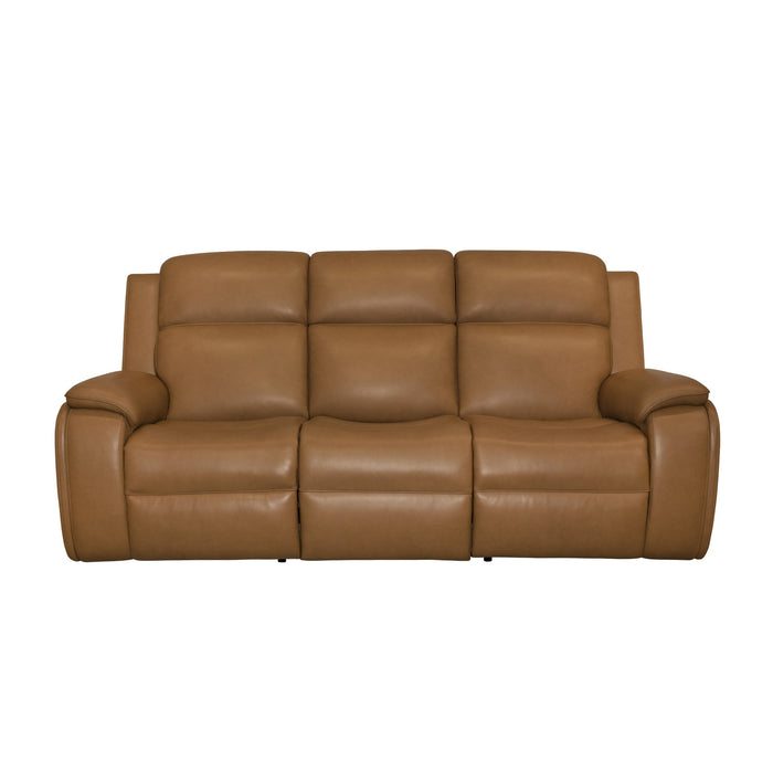 Ziggy Camel Leather Power Reclining Sofa with Power Headrest, Lumbar, Heat & Massage