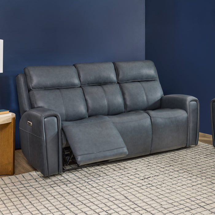 Warren True Navy Leather Power Reclining Sofa with Console, Power Headrest & Lumbar
