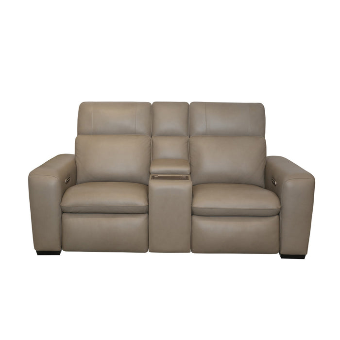 Sense Greige Leather Power Reclining Loveseat with Console, Power Headrest, Lumbar & Pulse