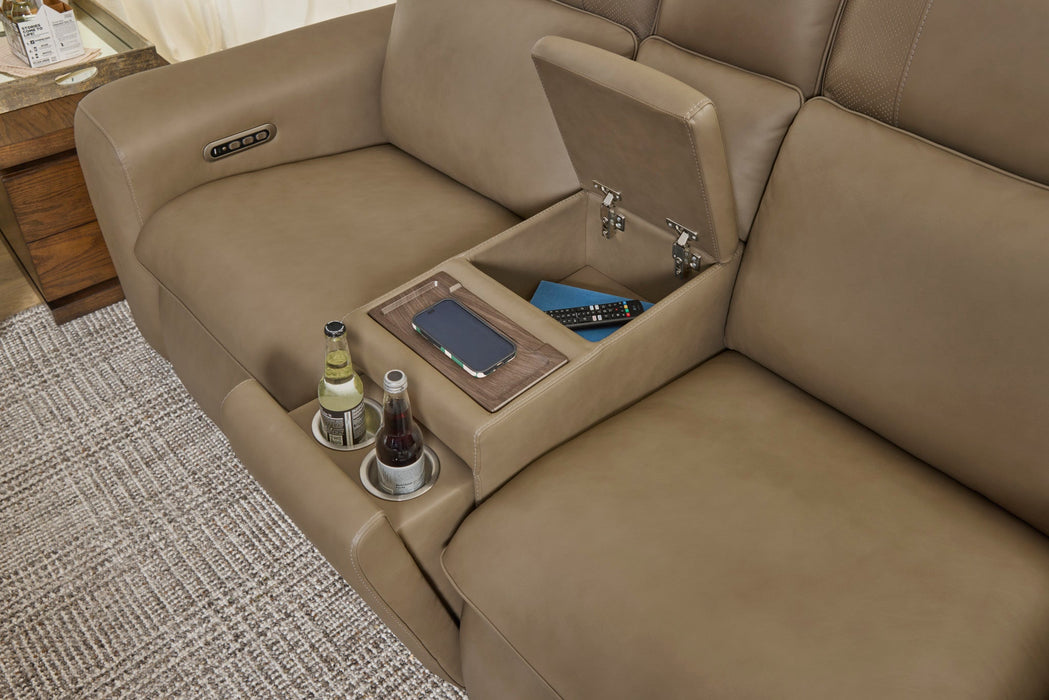 Sense Greige Leather Power Reclining Loveseat with Console, Power Headrest, Lumbar & Pulse