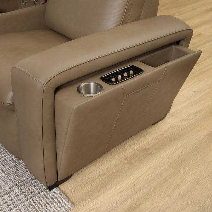 Sense Greige Leather Power Reclining Loveseat with Console, Power Headrest, Lumbar & Pulse