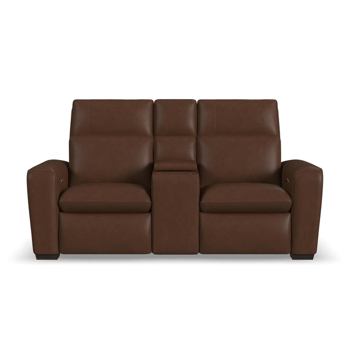 Sense Espresso Leather Power Reclining Loveseat with Console, Power Headrest, Lumbar & Pulse