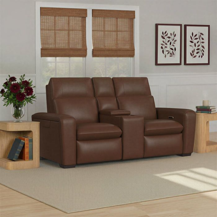 Sense Espresso Leather Power Reclining Loveseat with Console, Power Headrest, Lumbar & Pulse