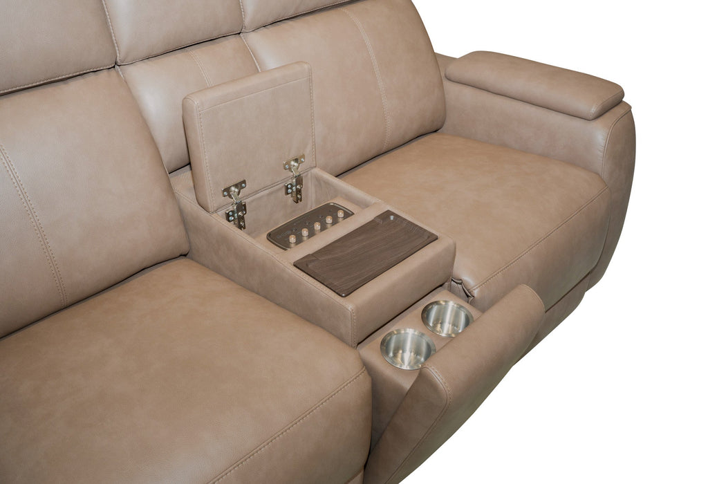 Vibe Taupe Fabric Power Reclining Loveseat with Console, Power Headrest, Lumbar, Heat, Massage & Pulse