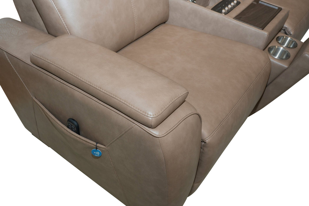 Vibe Taupe Fabric Power Reclining Loveseat with Console, Power Headrest, Lumbar, Heat, Massage & Pulse