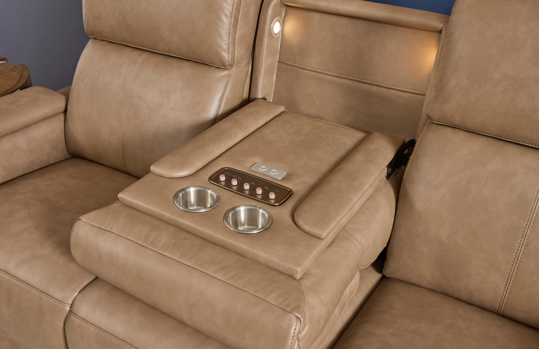 Vibe Taupe Fabric Power Reclining Sofa with Console, Power Headrest, Lumbar, Heat, Massage & Pulse