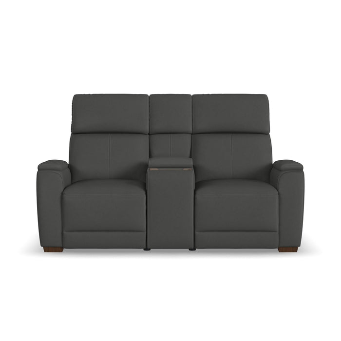Vibe Coal Fabric Power Reclining Loveseat with Console, Power Headrest, Lumbar, Heat, Massage & Pulse