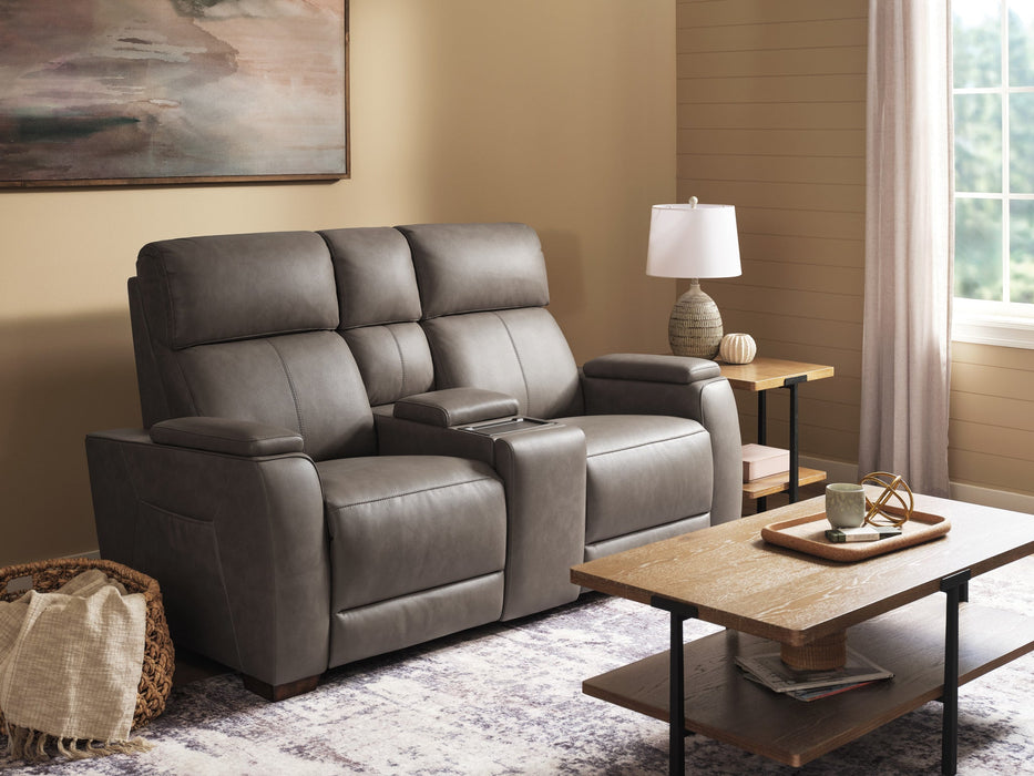 Vibe Coal Fabric Power Reclining Loveseat with Console, Power Headrest, Lumbar, Heat, Massage & Pulse