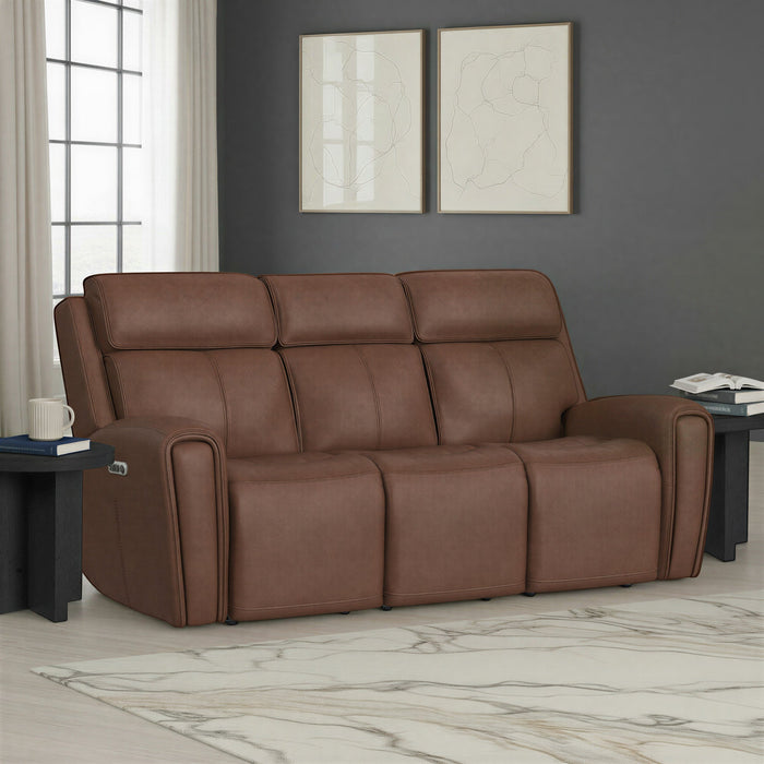 Warren Classic Brown Leather Power Reclining Sofa with Console, Power Headrest & Lumbar