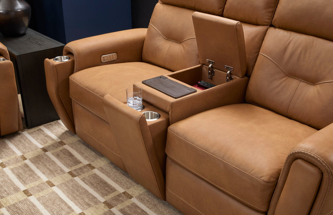 Felix Toasted Almond Leather Power Reclining Loveseat with Console, Power Headrest, Lumbar, Heat & Massage