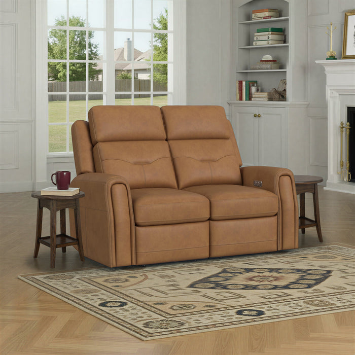 Felix Toasted Almond Leather Power Reclining Loveseat with Power Headrest, Lumbar, Heat & Massage
