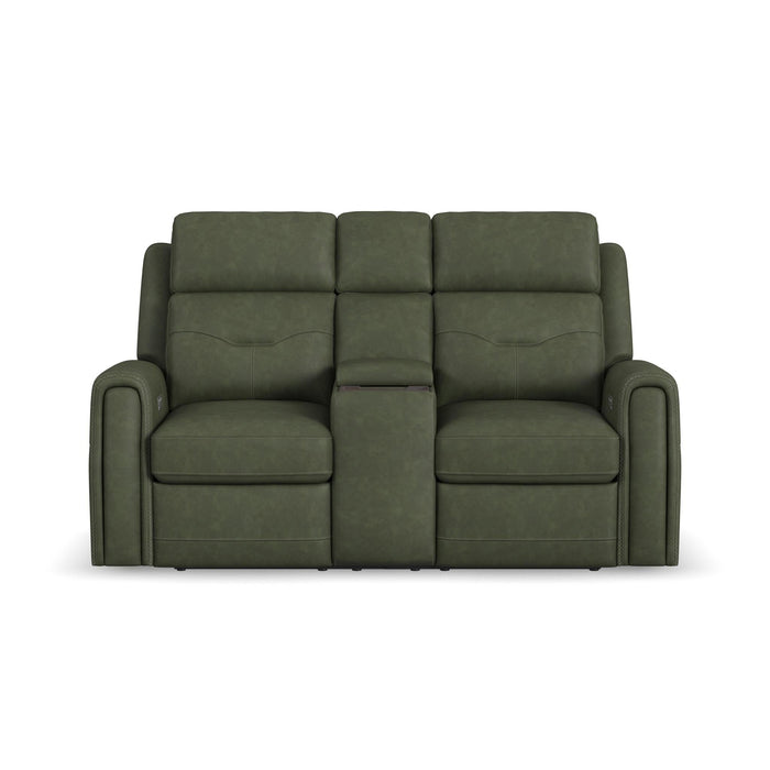 Felix Forest Green Leather Power Reclining Loveseat with Console, Power Headrest, Lumbar, Heat & Massage