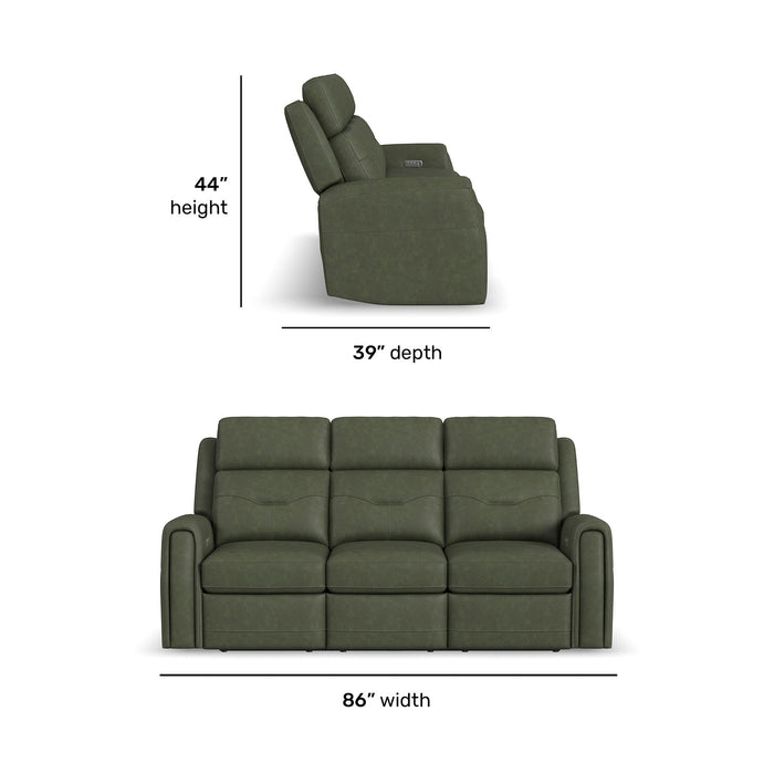 Felix Forest Green Leather Power Reclining Sofa with Power Headrest, Lumbar, Heat & Massage