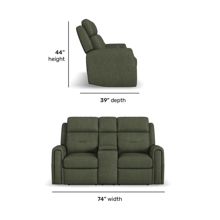 Felix Forest Green Leather Power Reclining Loveseat with Console, Power Headrest, Lumbar, Heat & Massage