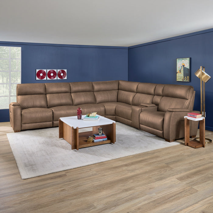 Vibe Taupe Leather Power Reclining Sectional with Power Headrest, Lumbar, Heat, Massage & Pulse
