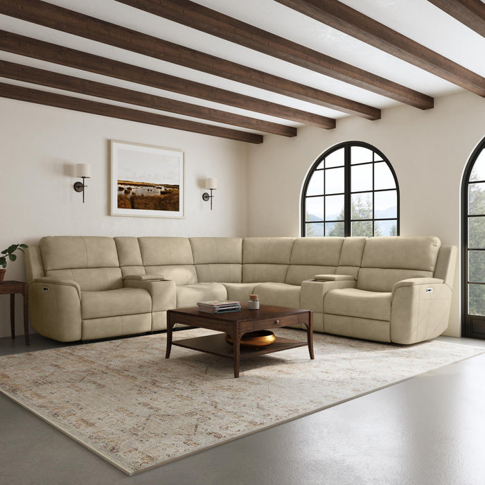 Henry Beige Leather Power Reclining Sectional with Power Headrest & Lumbar