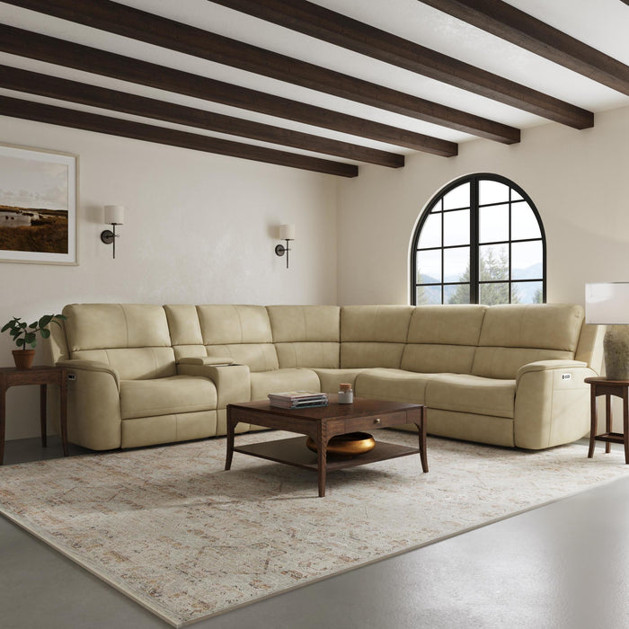 Henry Beige Leather Power Reclining Sectional with Power Headrest & Lumbar