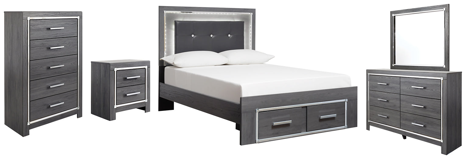 Lodanna Full Panel Bed with 2 Storage Drawers with Mirrored Dresser, Chest and Nightstand