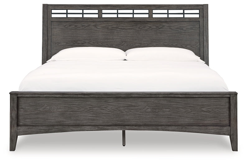 Montillan King Panel Bed with Mirrored Dresser and Chest