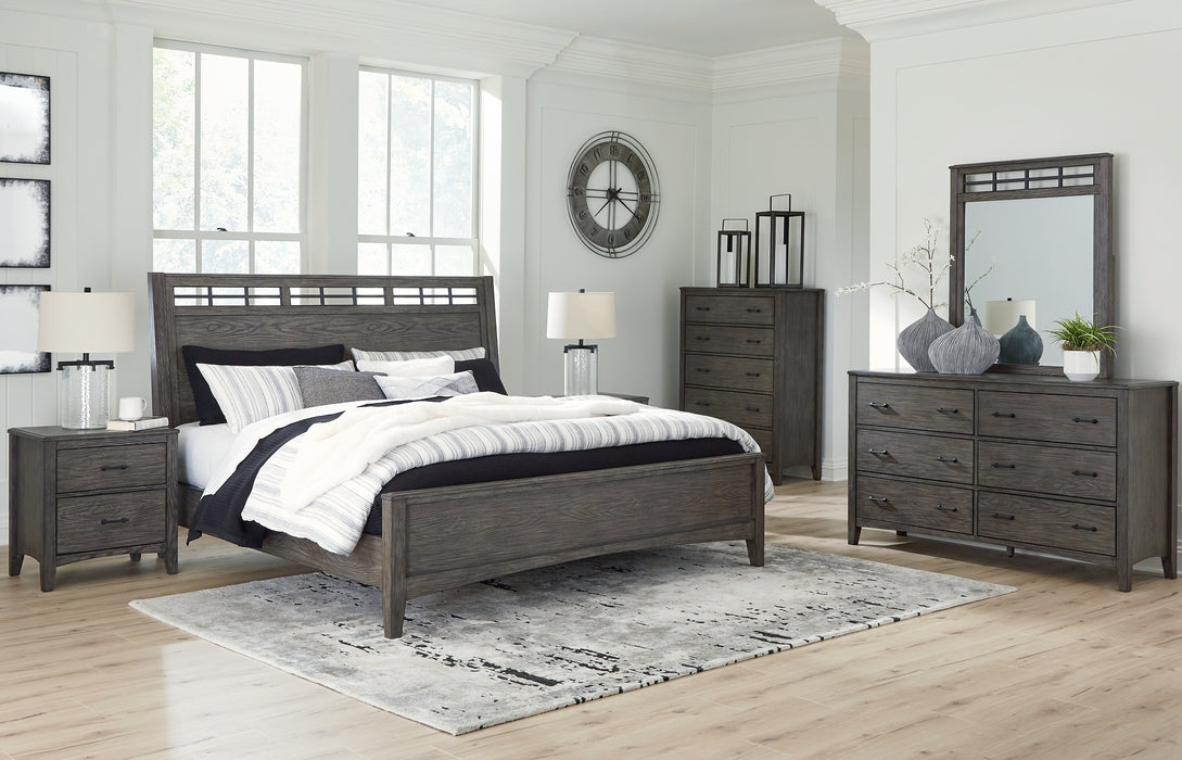 Montillan King Panel Bed with Mirrored Dresser and Chest
